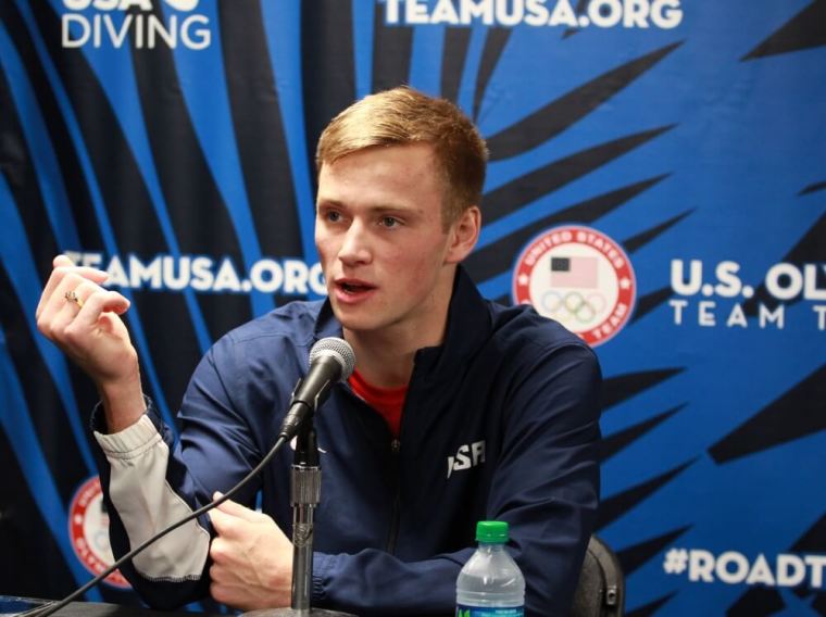 Steele Johnson speaks to the media after finishing second in the Senior Men 10m Platform Final during the 2016 U.S. Olympic Teams Trials Diving at the IU Natatorium in Indianapolis, Indiana, June 26, 2016.