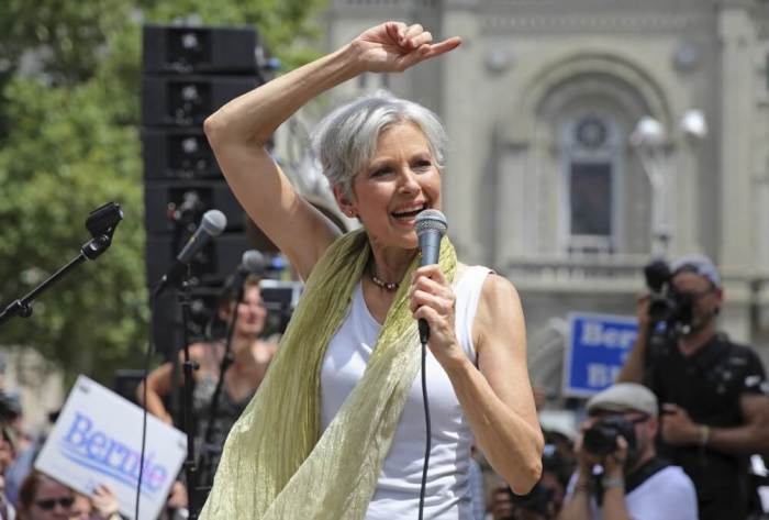 Green Party presidential candidate Jill Stein speaks during a rally of Bernie Sanders supporters outside the Wells Fargo Center on the second day of the Democratic National Convention in Philadelphia, Pennsylvania, July 26, 2016.