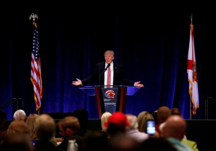 Republican U.S. presidential nominee Donald Trump speaks at an American Renewal Project event at the Orlando Convention Center in Orlando, Florida August 11, 2016.
