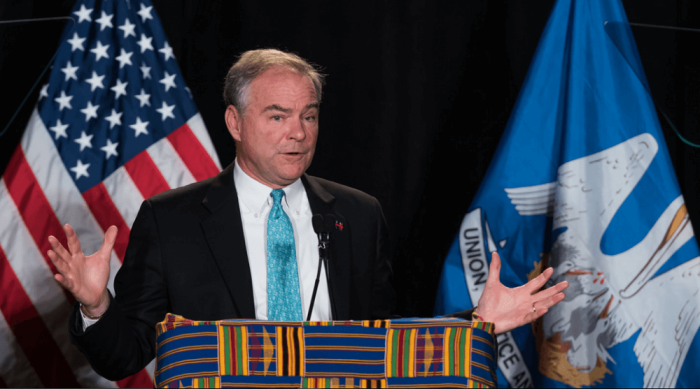 Democratic vice presidential running mate and former Virginia governor Tim Kaine giving remarks at the Progressive National baptist Convention, Inc. annual meeting in New Orleans, Louisiana on Thursday, August 11, 2016.