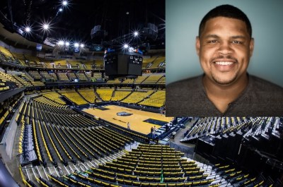 Rick Trotter (inset) and the home of the Memphis Grizzlies inside the FedExForum arena located in downtown Memphis, Tennessee.