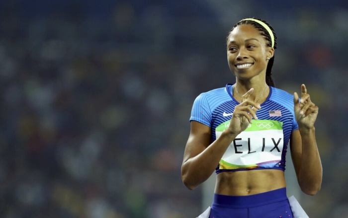 Allyson Felix a the 2016 Rio Olympics Women's 400m semifinals at the Olympic Stadium in Rio de Janeiro, Brazil, on August 14, 2016.