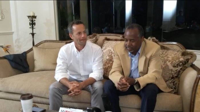 Dr. Ben Carson and actor Kirk Cameron answering questions in a live tele-forum hosted from the retired neurosurgeon's living room.