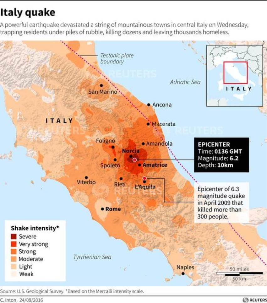 Shake intensity map of Wednesday's quake in central Italy.