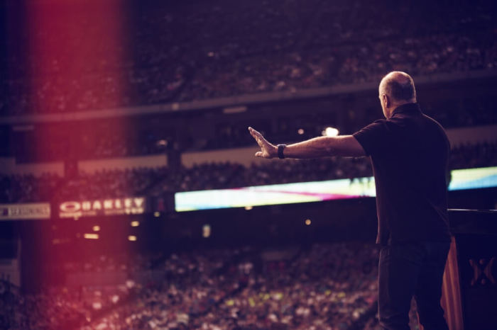 Greg Laurie speaks at SoCal Harvest 2016 at Angel Stadium in Anaheim, California in August 2015.