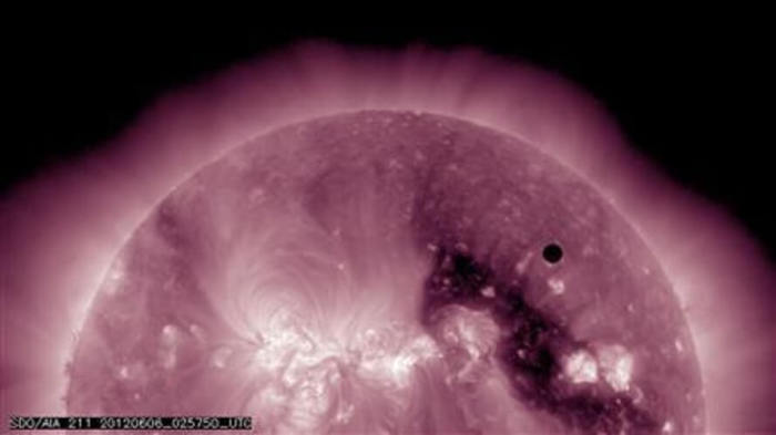 Handout image courtesy of NASA shows the planet Venus transiting the Sun, June 5, 2012. One of the rarest astronomical events occurs on Tuesday and Wednesday when Venus passes directly between the sun and Earth, a transit that won't occur again until 2117.