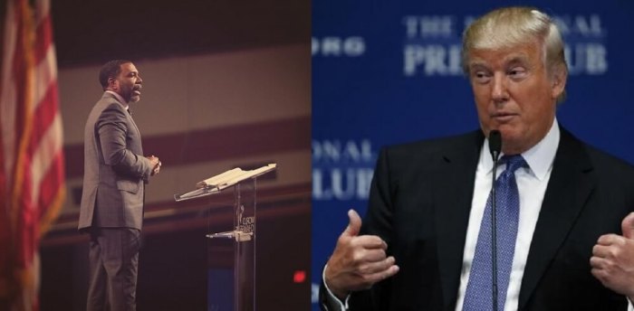 Televangelist Creflo Dollar (L) and Republican presidential nominee Donald Trump (R)