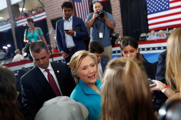 Democratic presidential nominee Hillary Clinton greets supporters at a rally at Truckee Meadows Community College in Reno, Nevada, August 25, 2016.