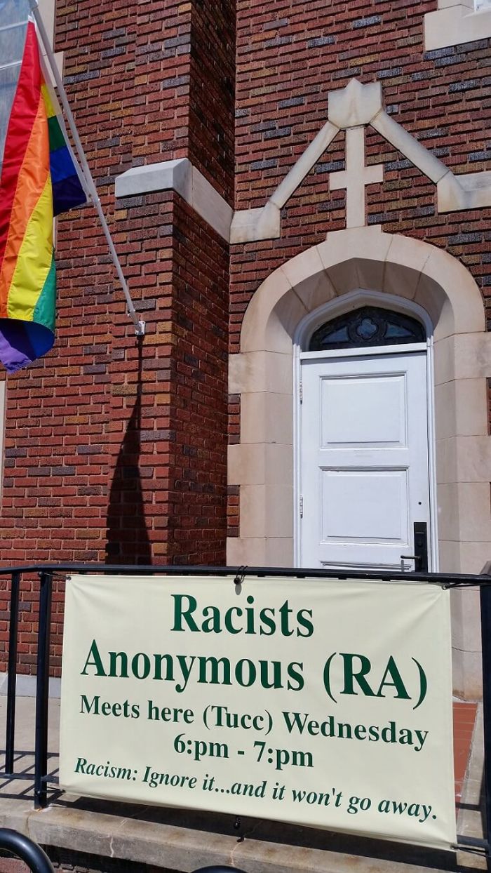 A sign for Racists Anonymous group at Trinity United Church of Christ in Concord, North Carolina.