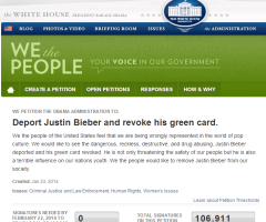 Petition to Deport Justin Bieber Has Over 105,000 Signatures; White House Must Respond