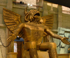 Moloch statue of child sacrifice on display at Colosseum, holy site for Christian martyrs