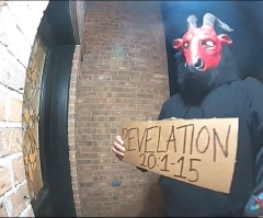 Satanic prank or prophetic warning? Goat-headed stranger caught on Ring camera with sign quoting Revelation 20